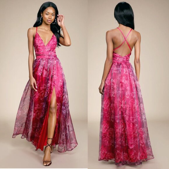 Lulus Dresses & Skirts - Lulus Romance That Wows Organza Maxi Dress - Magenta Floral Blooms Print, V-Neck